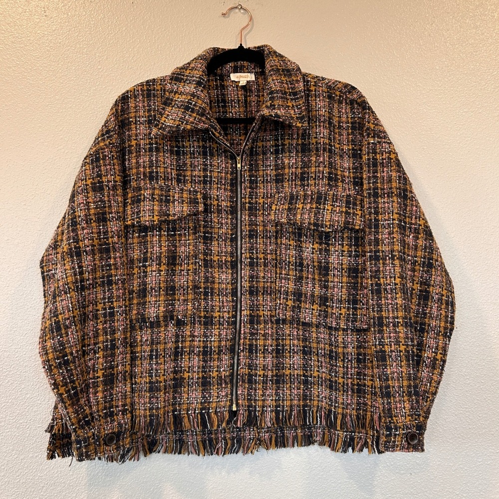 A.Peach Buckle Plaid Tweed Zip Up Fringe Shacket Jacket Mustard Black Pink S